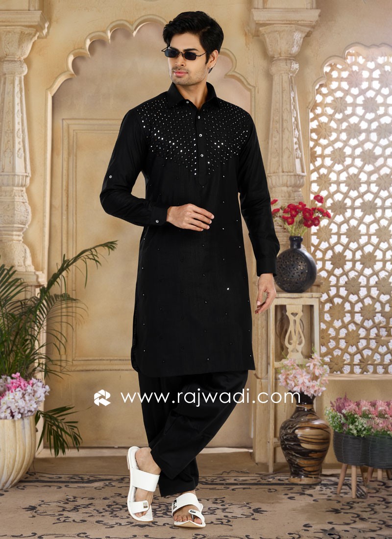 Festive Wear Black Mirror Embroidered Pathani Kurta Pajama