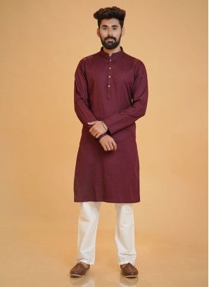Festive Wear Cotton Maroon Color Kurta Pajama