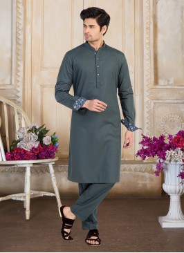 Festive Wear Cotton Silk Dark Grey Kurta Pajama