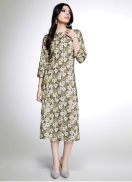 Festive Wear Cotton Silk Floral Printed Olive Green Kurti