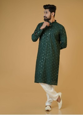 Green Festive Wear Cotton Silk Kurta Pajama