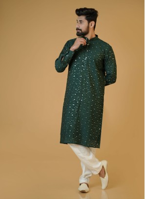 Green Festive Wear Cotton Silk Kurta Pajama