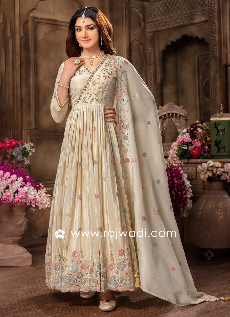 Festive Wear Cream Anarkali Suit With Dupatta