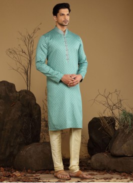 Festive Wear Firozi Color Silk Kurta Pajama