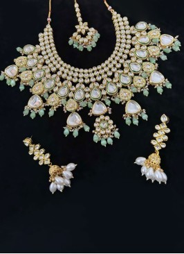 Festive Wear Gold Plated Sea Green Necklace Set