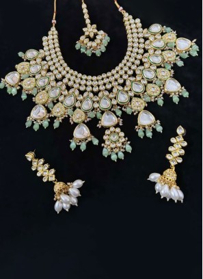 Festive Wear Gold Plated Sea Green Necklace Set