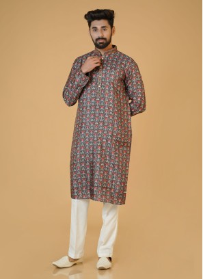 Festive Wear Grey Color Silk Kurta Pajama