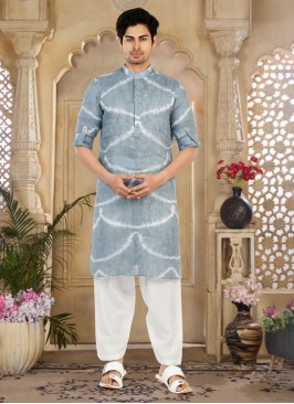 Festive Wear Grey Cotton Silk Pathani Kurta Pajama