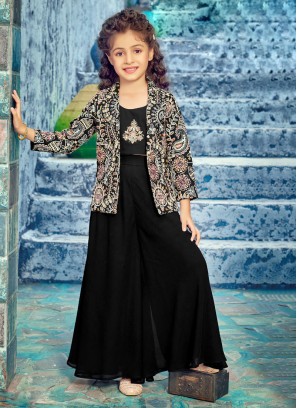 Festive Wear Jacket Style Embroidered Black Palazzo Suit