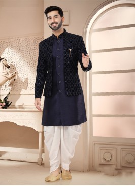 Festive Wear Jacket Style Navy Blue Embroidered In