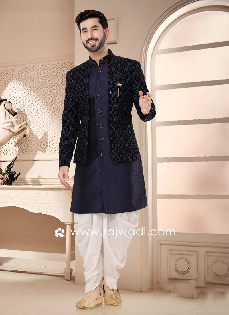 Festive Wear Jacket Style Navy Blue Embroidered Indowestern Set