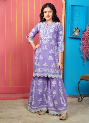 Festive Wear Lavender Cotton Thread Embroidered Sharara Suit