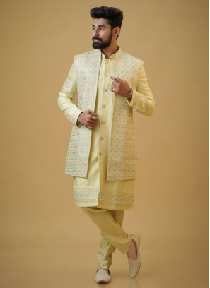 Festive Wear Lemon Yellow Embroidered Nehru Jacket Set