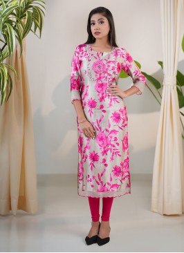 Festive Wear Light Grey Floral Printed Kurti In Gajji Silk