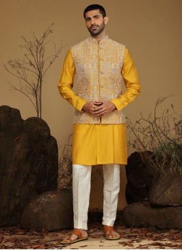 Festive Wear Mustard Yellow Thread Embroidered Nehru Jacket Set