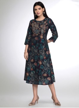 Navy Blue Floral Printed Festive Wear Kurti