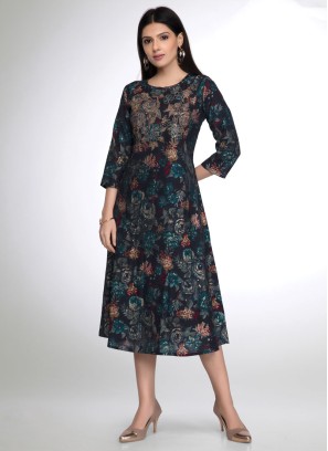 Navy Blue Floral Printed Festive Wear Kurti