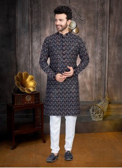 Festive Wear Navy Blue Thread Embroidered Kurta Pa