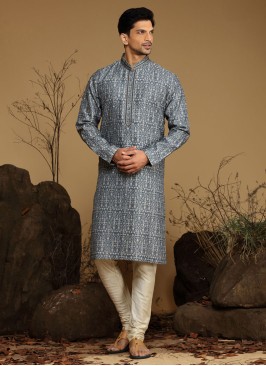 Festive Wear Navy Blue Thread Embroidered Kurta Pajama In Silk