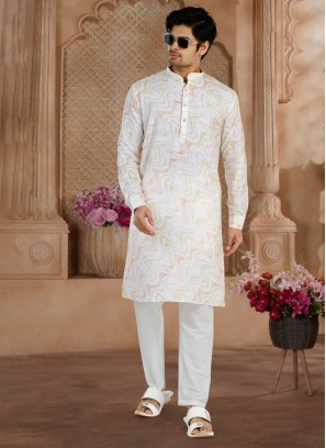 Festive Wear Printed Cream Kurta Pajama