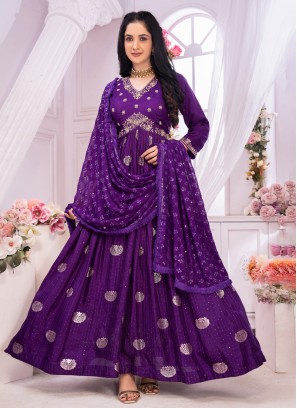 Festive Wear Purple  Anarkali Suit Set In Banarasi