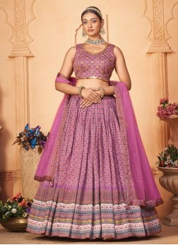 Wedding Wear Purple Chinon Lehenga Choli With Dupa