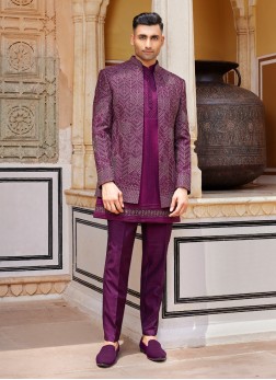 Festive Wear Purple Embroidered Indowestern Set Wi