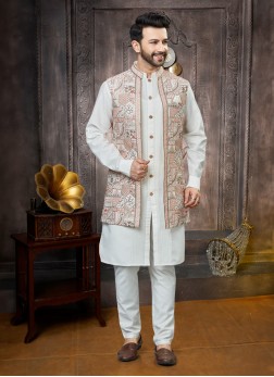 Festive Wear Thread Embroidered Cream Nehru Jacket