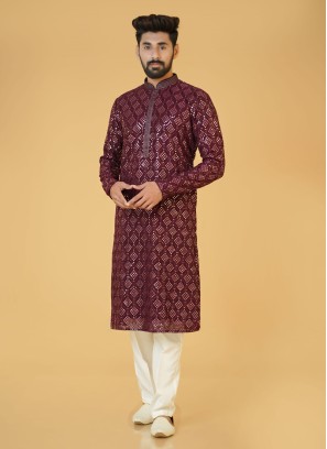 Festive Wear Wine Sequins Embroidered Kurta Pajama