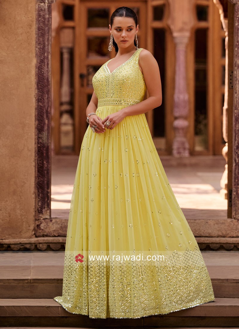 Festive Wear Yellow Mirror Embroidered Georgette Gown