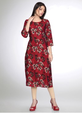 Floral Printed Straight Cut Kurti In Red Color