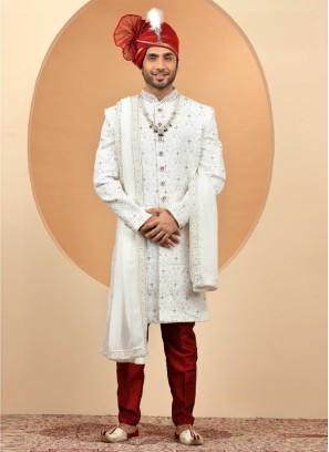 White Silk Sherwani Set With Intricate Embroidery