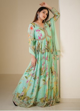 Firozi Floral Design Anarkali Dress With Dupatta