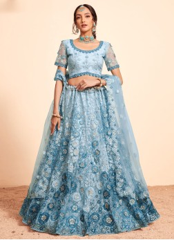 Gorgeous Firozi Floral Thread Embroidered Lehenga 