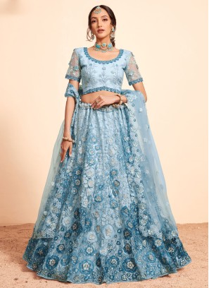 Gorgeous Firozi Floral Thread Embroidered Lehenga Choli In Net