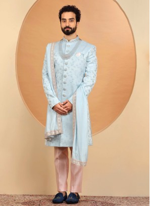 Firozi Silk Sherwani Set With Detailed Embroidery