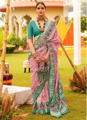 Baby Pink & Sea Green Patola Printed Silk Saree