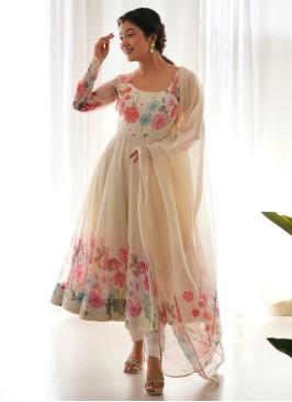 Exquisite Cream Floral Printed Pant-Style Anarkali Suit