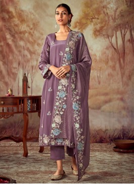 Art Silk Lilac Embroidered Dress Material