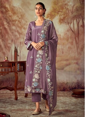 Art Silk Lilac Embroidered Dress Material