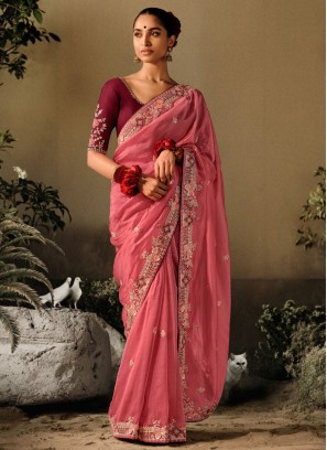 Buy HOUSE OF BEGUM Dark Pink Banarasi Handloom Organza Saree with Blouse  Piece | Shoppers Stop
