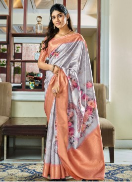 Floral Print Handloom Silk Contemporary Saree In Grey