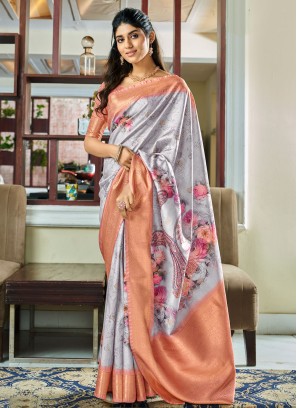 Floral Print Handloom Silk Contemporary Saree In Grey