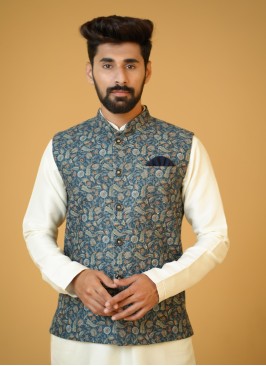 Floral Printed Blue Color Mens Nehru Jacket