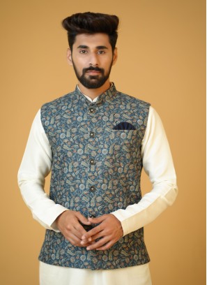 Floral Printed Blue Color Mens Nehru Jacket