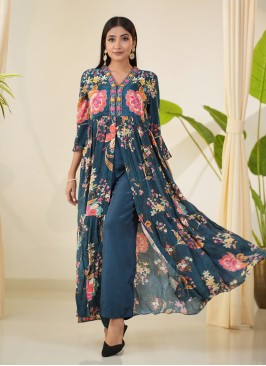 Floral Printed Kurti Set In Peacock Blue Color