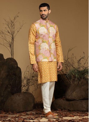 Floral Printed Mustard Yellow Nehru Jacket Set
