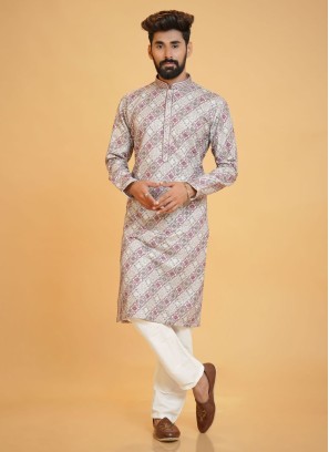 Floral printed Onion Pink Silk Kurta Pajama For Men