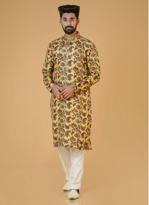 Floral Printed Yellow Silk Kurta Pajama For Men