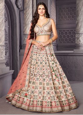 Cream Floral Embroidered Designer Silk Lehenga Choli